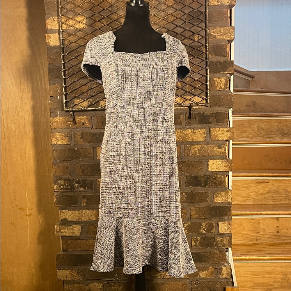 Grace Karin Elegant Blue, White, Shimmer Thread Tweed Dress with Ruffle Hem L